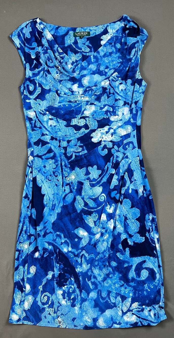 Lauren Ralph Lauren Dress Size 12 Blue Floral Cowl Neck Sleeveless